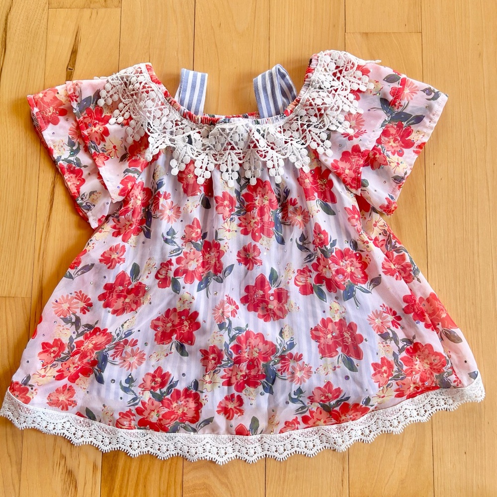 Little Lass Red Floral Lace Blouse With  Sparkles